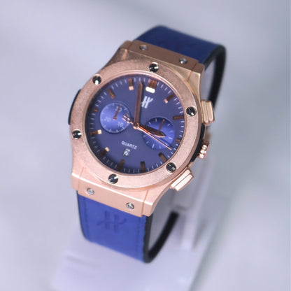 Hublot Men's Watch Blue Straps and Blue Dial with gold ring.