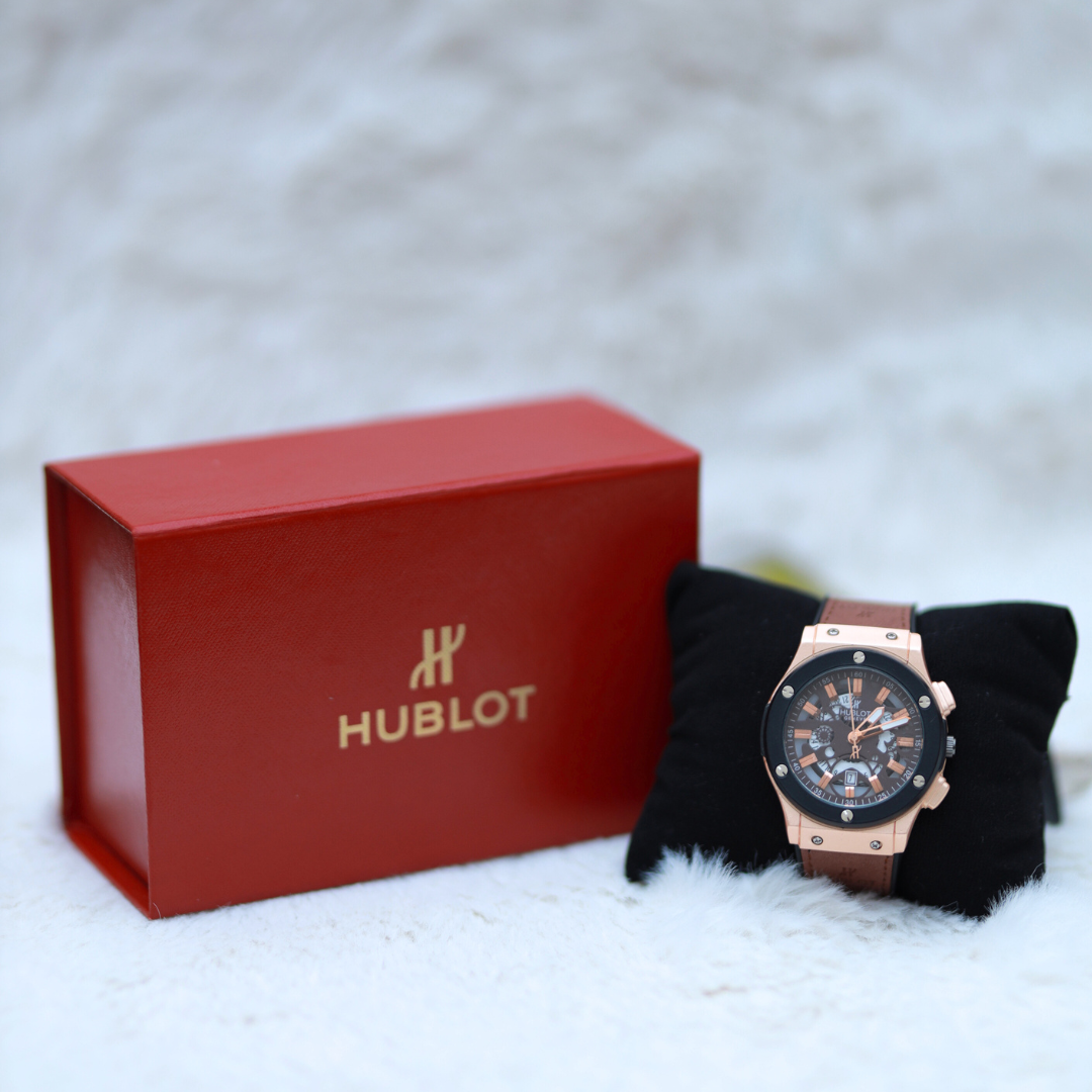 Hublot Men's Watch: Brown Straps with Black Dial and gold ring