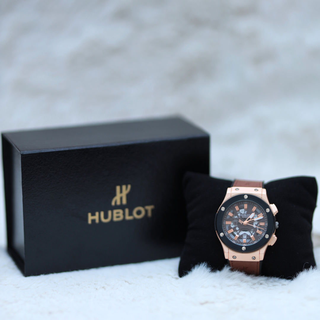 Hublot Men's Watch: Brown Straps with Black Dial and gold ring