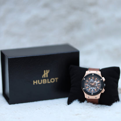 Hublot Men's Watch: Brown Straps with Black Dial and gold ring