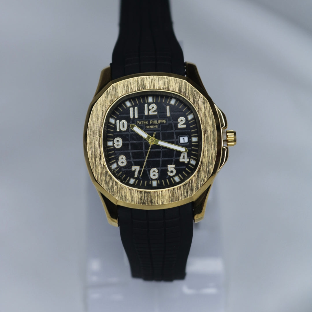 Men's Watch: Black Straps with Black Dial and Gold Ring