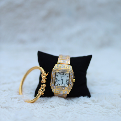 Cartier Watch White Dial With Golden Dragon Bracelet