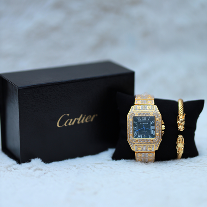 Cartier Watch Black Dial with Gold Dragon Bracelet