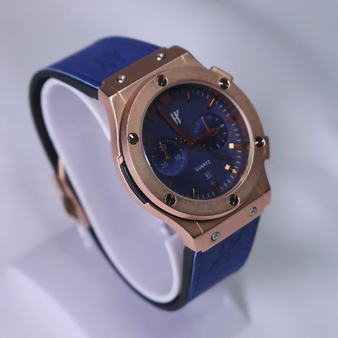 Hublot Men's Watch Blue Straps and Blue Dial with gold ring.