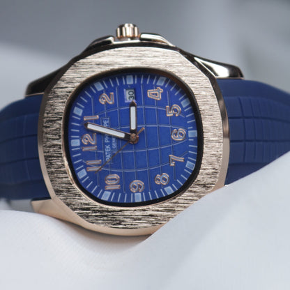 Patek Philippe Men's Watch: Majestic Blue Silicone straps with Blue dial and gold ring