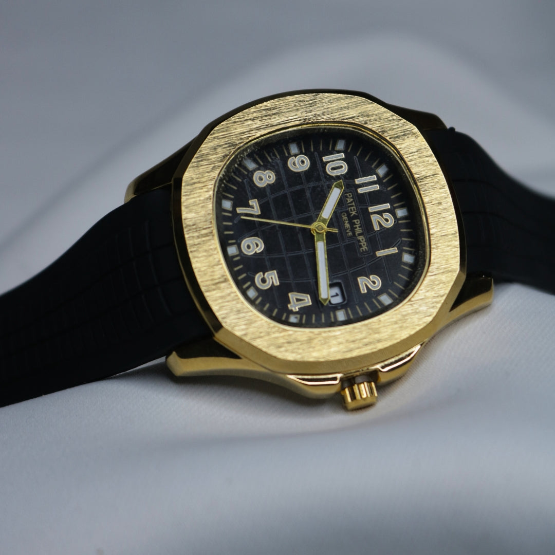 Men's Watch: Black Straps with Black Dial and Gold Ring