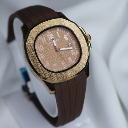 "Men's Watch: Brown Silicone Strap with Gold Dial