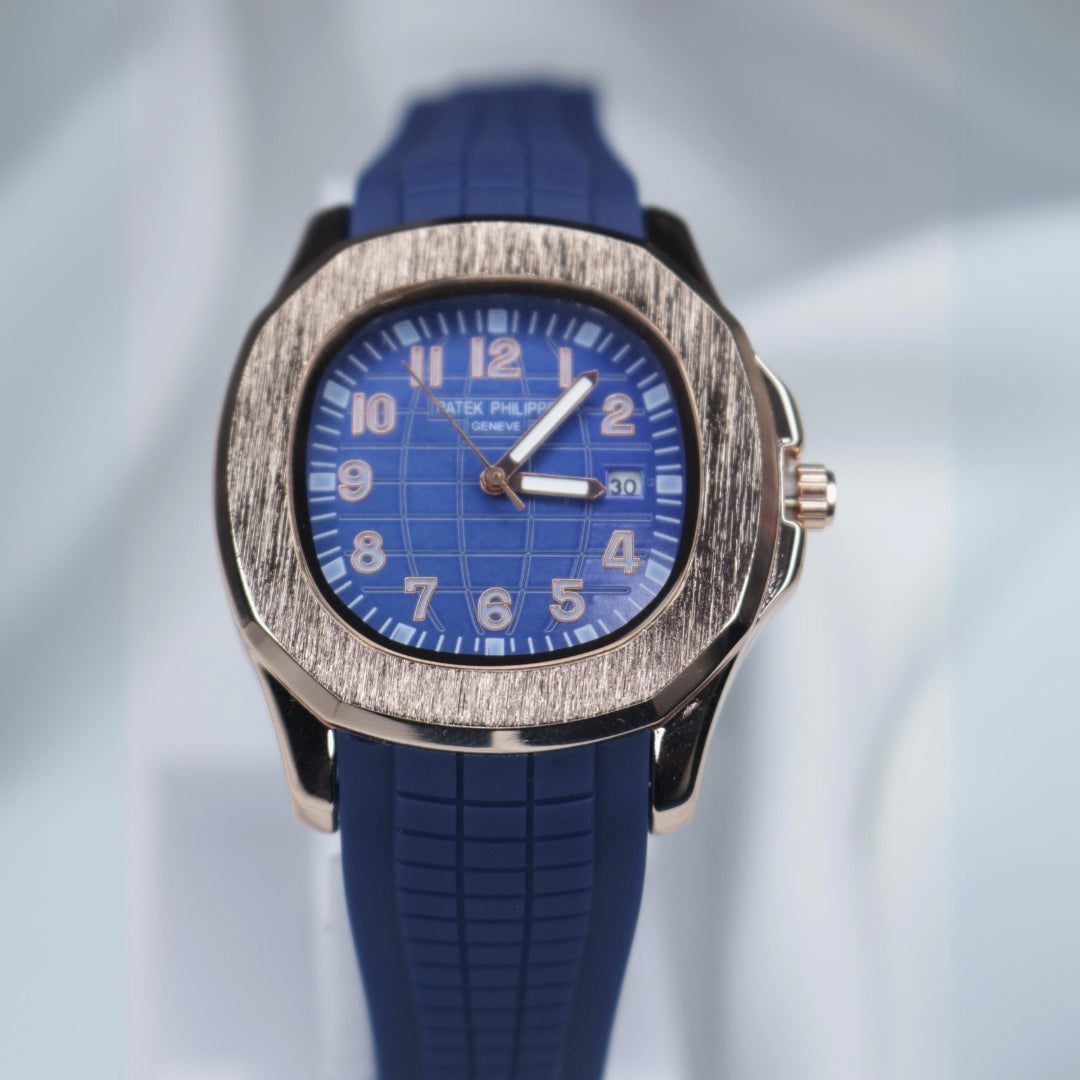 Patek Philippe Men's Watch: Majestic Blue Silicone straps with Blue dial and gold ring