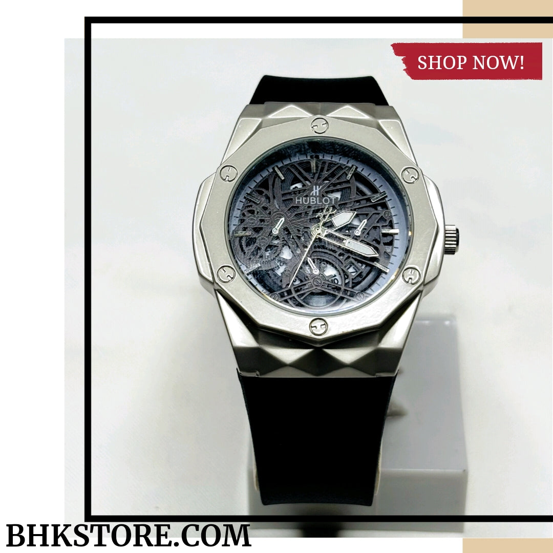 Hublot Diamond Cut Watch With Black Strap
