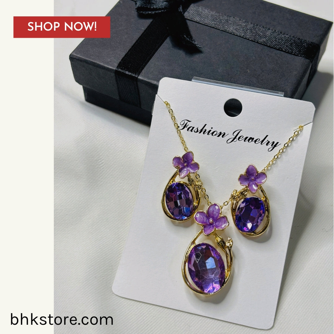 Mini Flower Enamel Necklace Set with purple stones