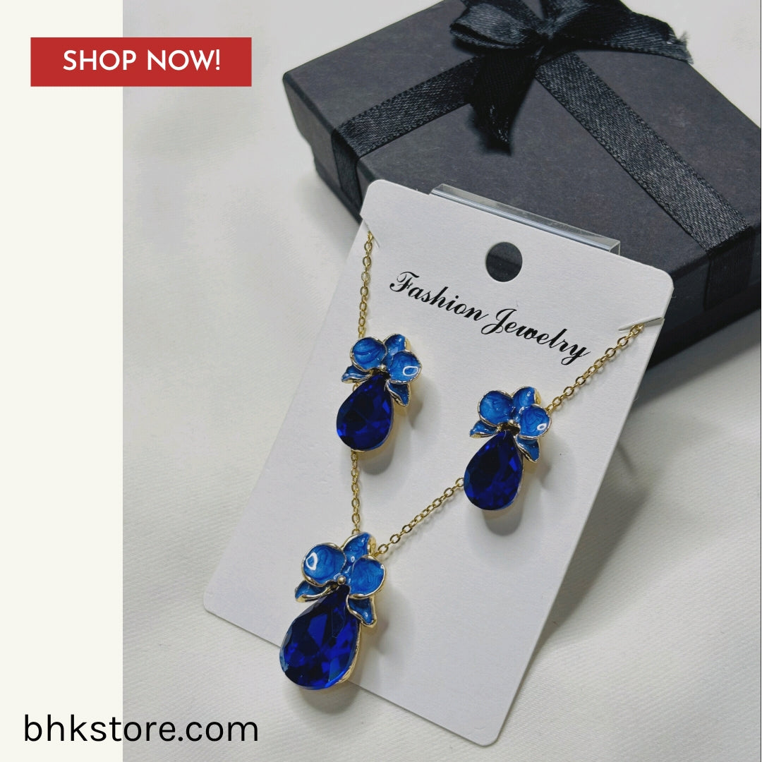 Mini Flower Enamel Necklace Set with blue stones