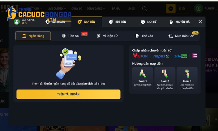 Chinh phục kèo ngon với nhà cái 11BET xanh chín số 1 Hệ thống thanh toán đa dạng tại 11BET